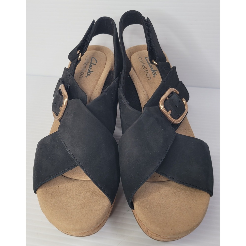 Clarks Women Giselle Dove Cork Wedge Slingback Sandals US 8M Black Nubuck NEW - Picture 3 of 10
